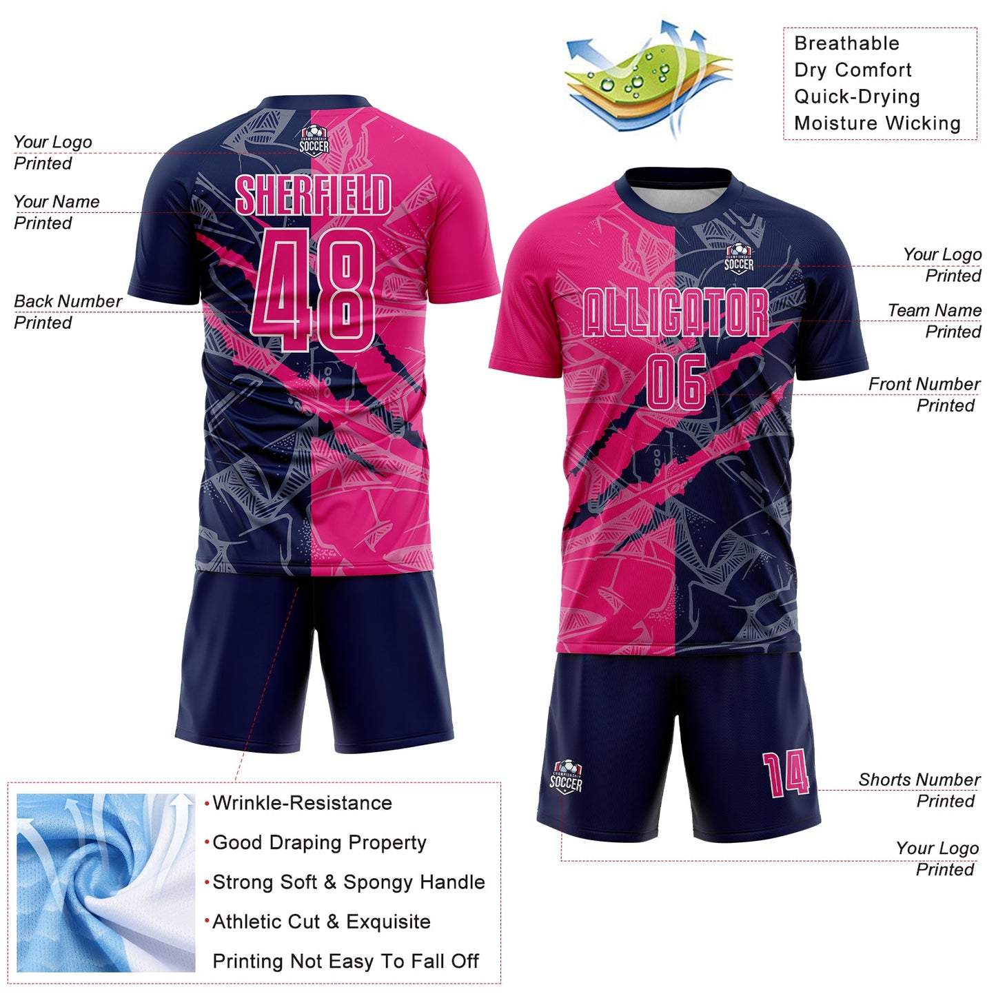Custom Graffiti Pattern Hot Pink-Navy Scratch Sublimation Soccer Uniform Jersey view 4