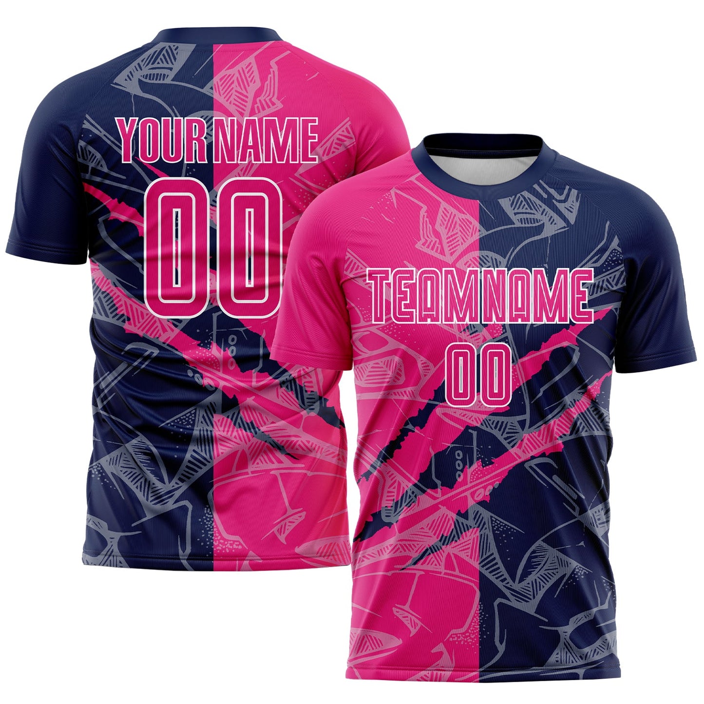 Custom Graffiti Pattern Hot Pink-Navy Scratch Sublimation Soccer Uniform Jersey - Main View