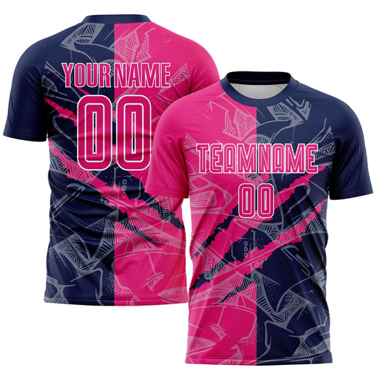 Custom Graffiti Pattern Hot Pink-Navy Scratch Sublimation Soccer Uniform Jersey - Main View