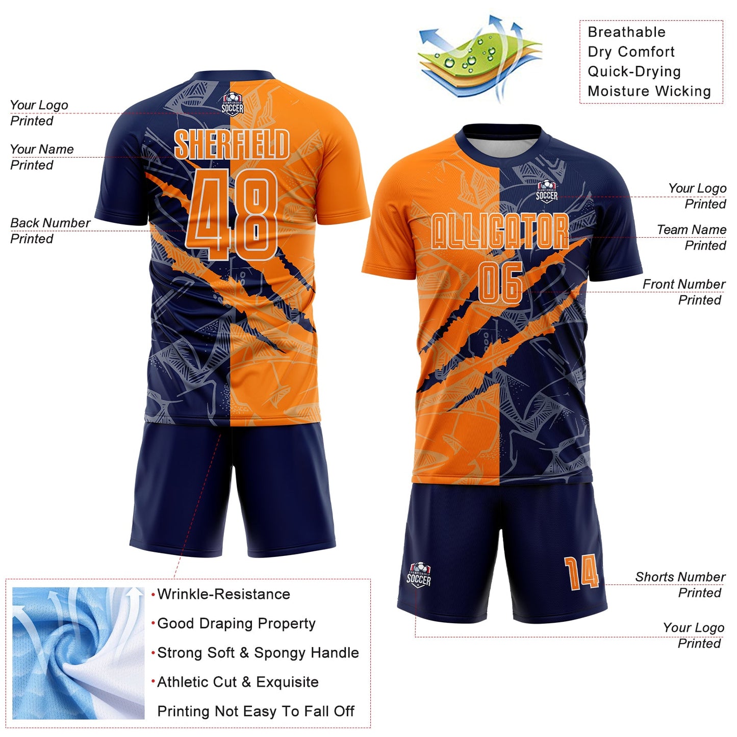 Custom Graffiti Pattern Bay Orange-Navy Scratch Sublimation Soccer Uniform Jersey view 4
