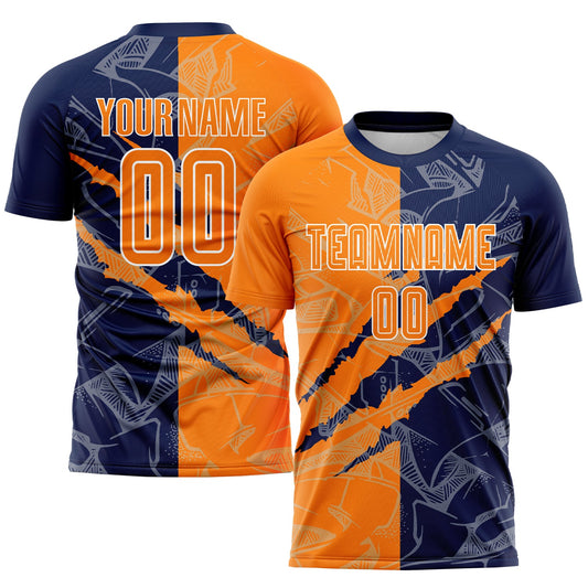 Custom Graffiti Pattern Bay Orange-Navy Scratch Sublimation Soccer Uniform Jersey - Main View