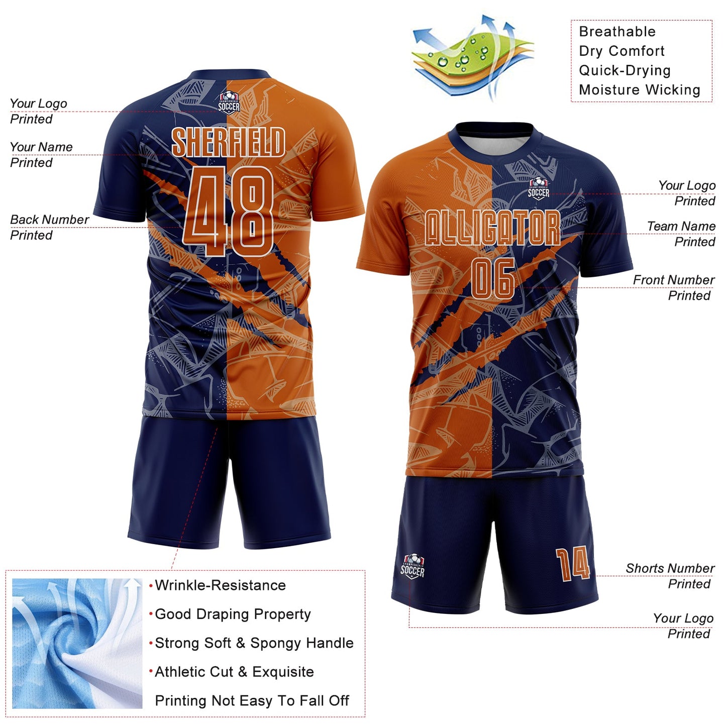 Custom Graffiti Pattern Texas Orange-Navy Scratch Sublimation Soccer Uniform Jersey view 4