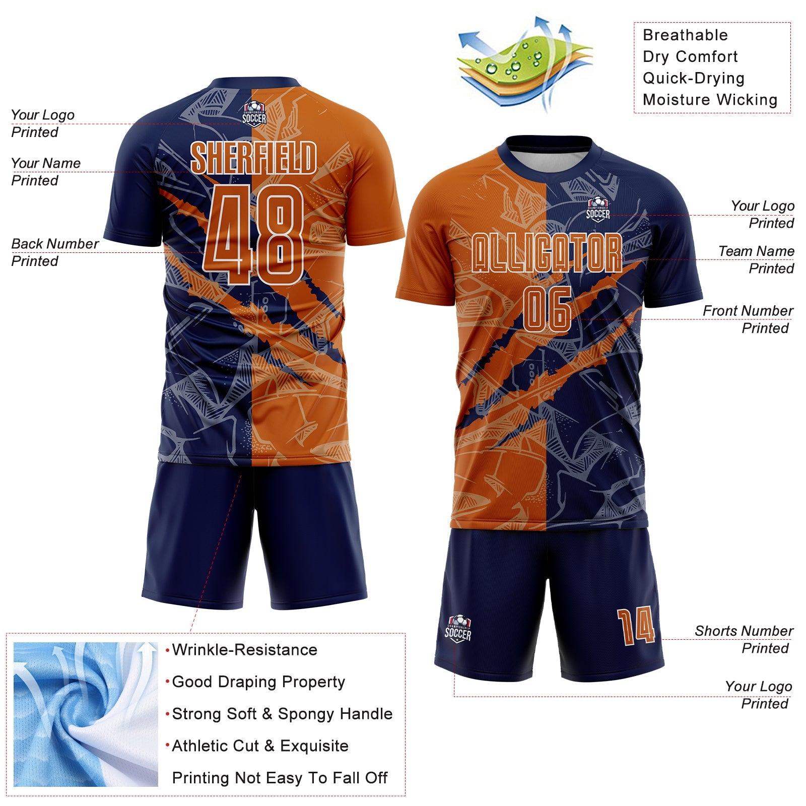 Custom Graffiti Pattern Texas Orange-Navy Scratch Sublimation Soccer Uniform Jersey view 4