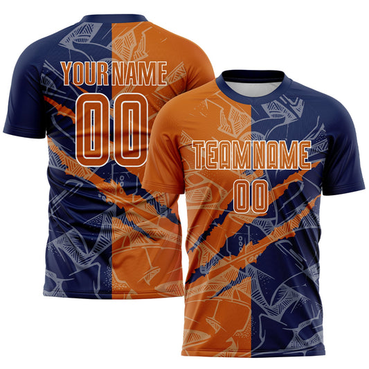 Custom Graffiti Pattern Texas Orange-Navy Scratch Sublimation Soccer Uniform Jersey - Main View