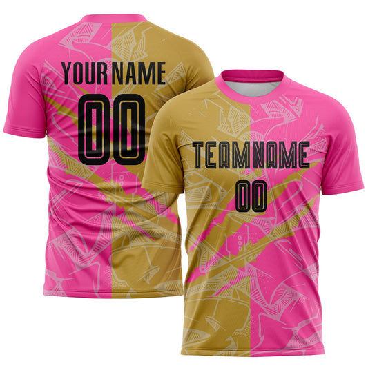 Custom Graffiti Pattern Black Old Gold-Pink Scratch Sublimation Soccer Uniform Jersey - Main View