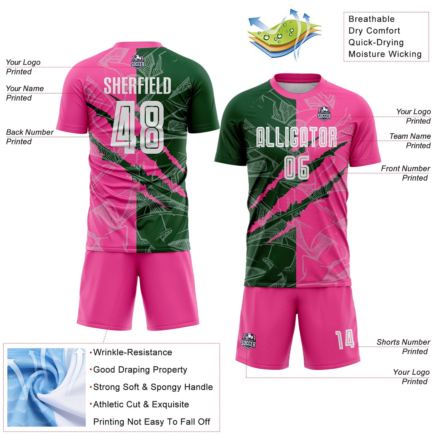 Custom Graffiti Pattern Green-Pink Scratch Sublimation Soccer Uniform Jersey view 4