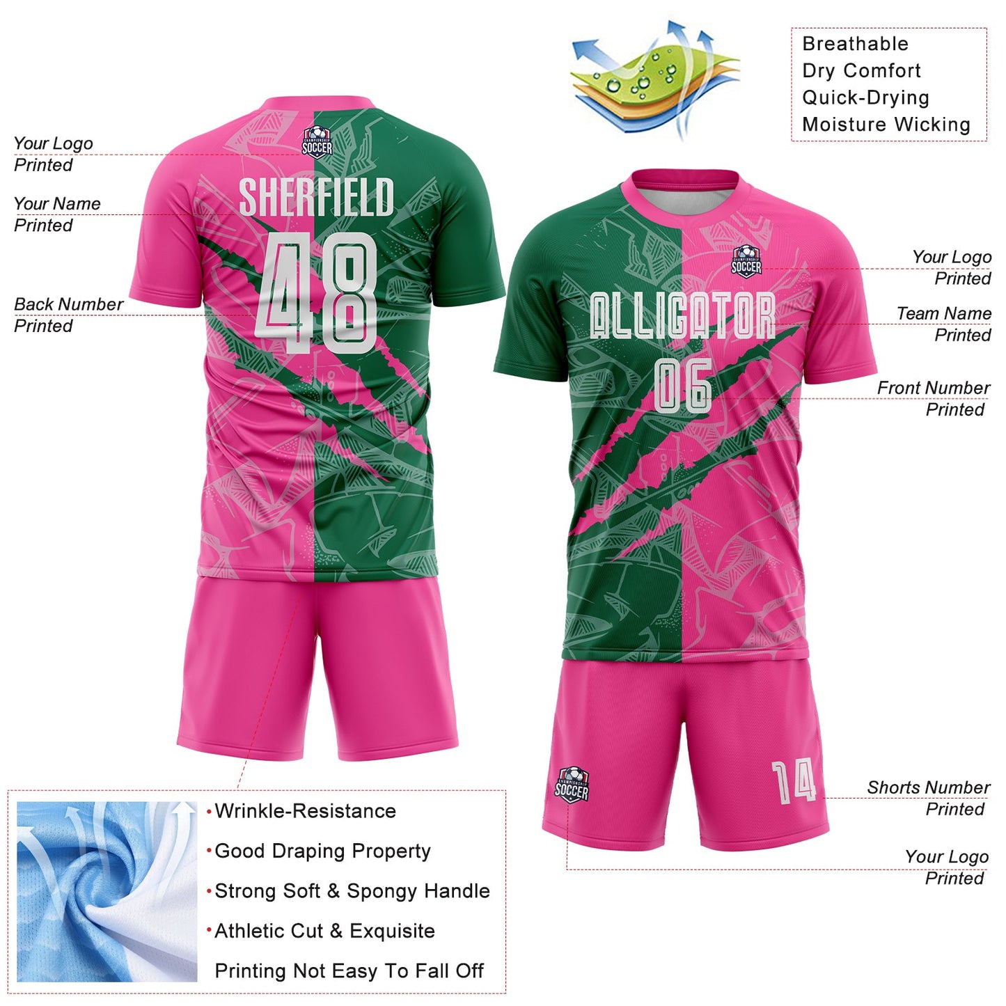 Custom Graffiti Pattern Kelly Green-Pink Scratch Sublimation Soccer Uniform Jersey view 4