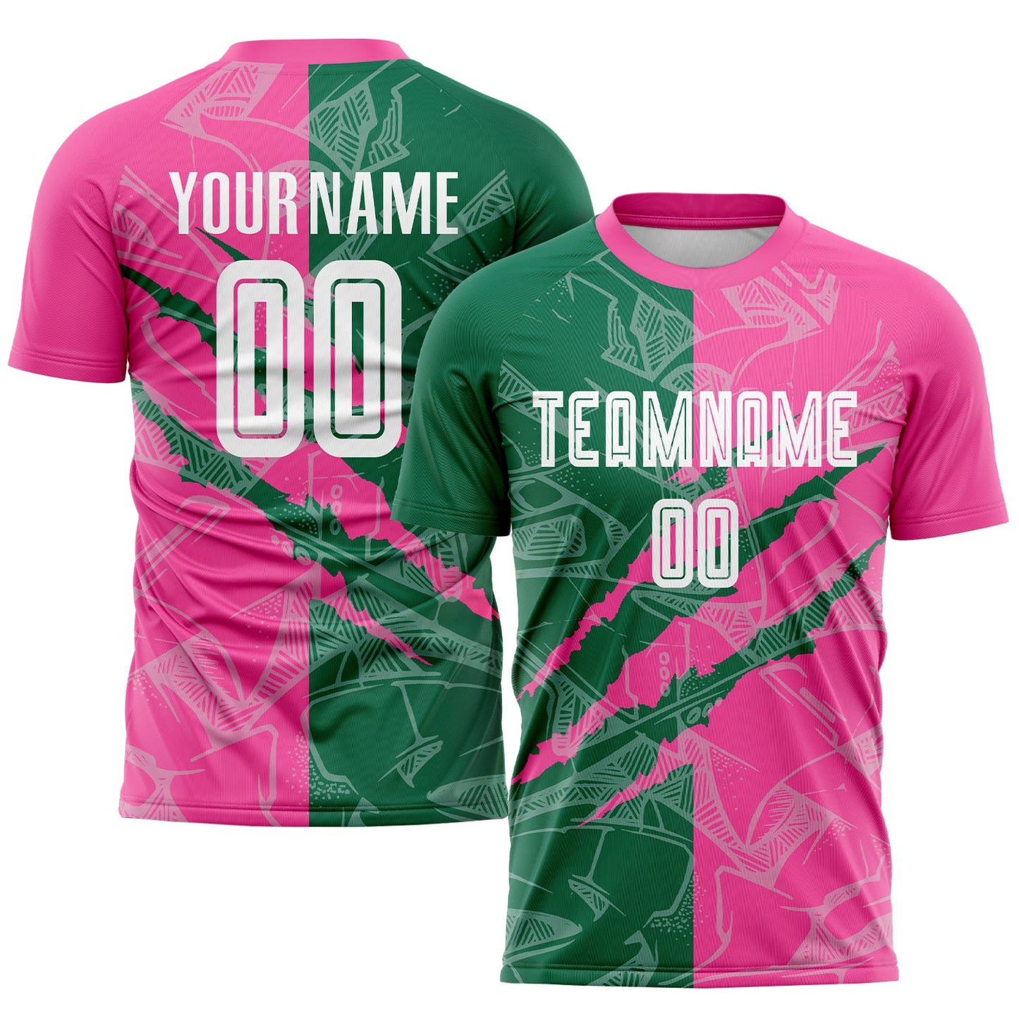 Custom Graffiti Pattern Kelly Green-Pink Scratch Sublimation Soccer Uniform Jersey - Main View