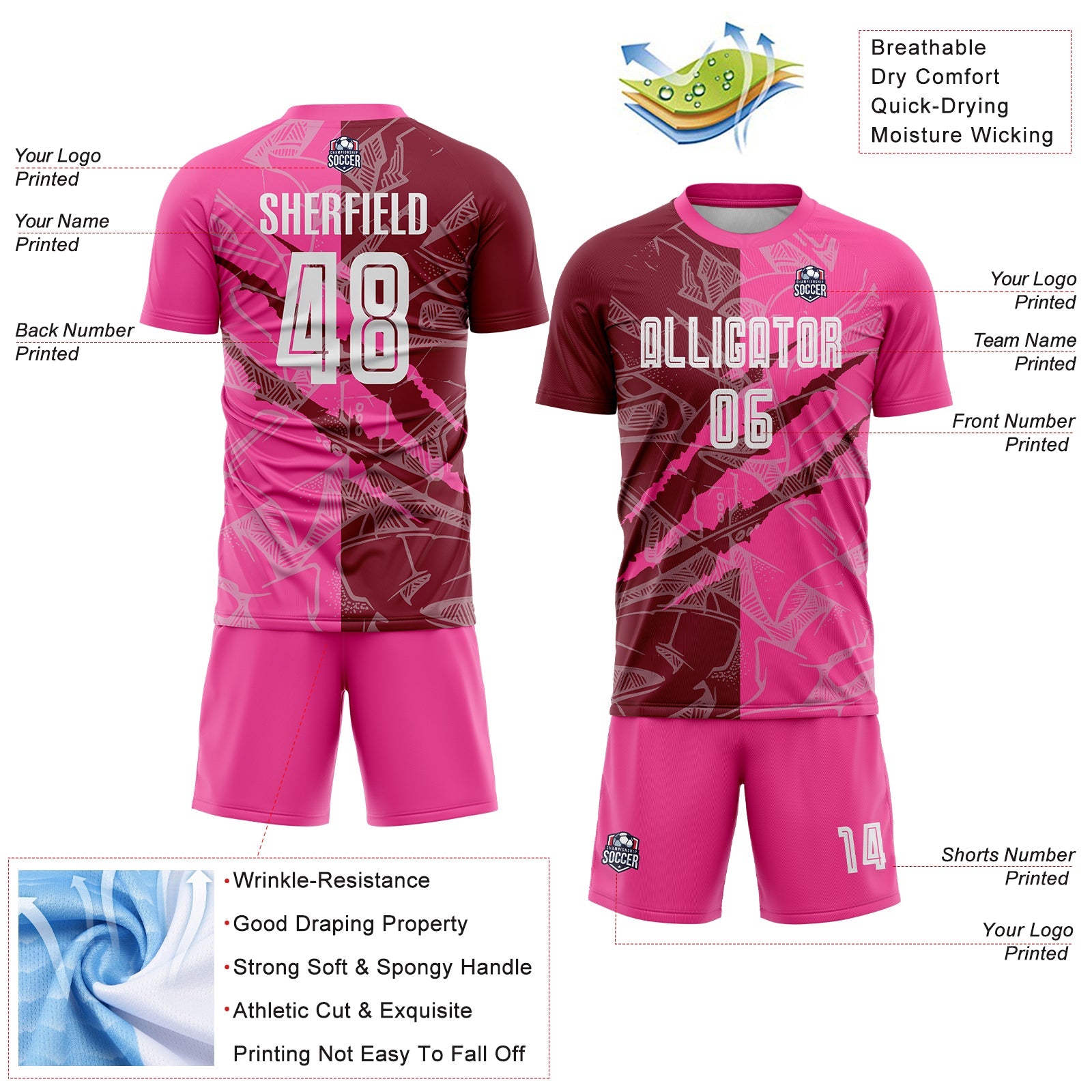 Custom Graffiti Pattern Crimson-Pink Scratch Sublimation Soccer Uniform Jersey view 4