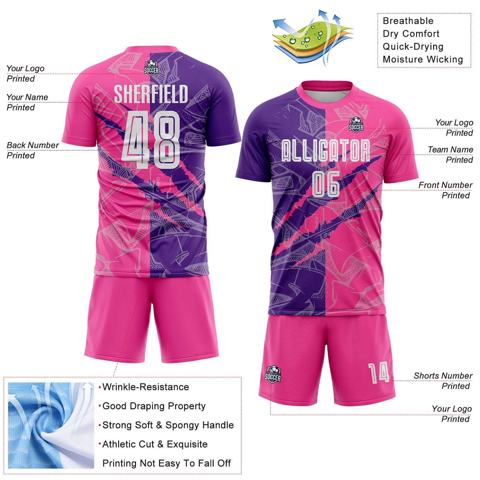 Custom Graffiti Pattern Purple-Pink Scratch Sublimation Soccer Uniform Jersey view 4