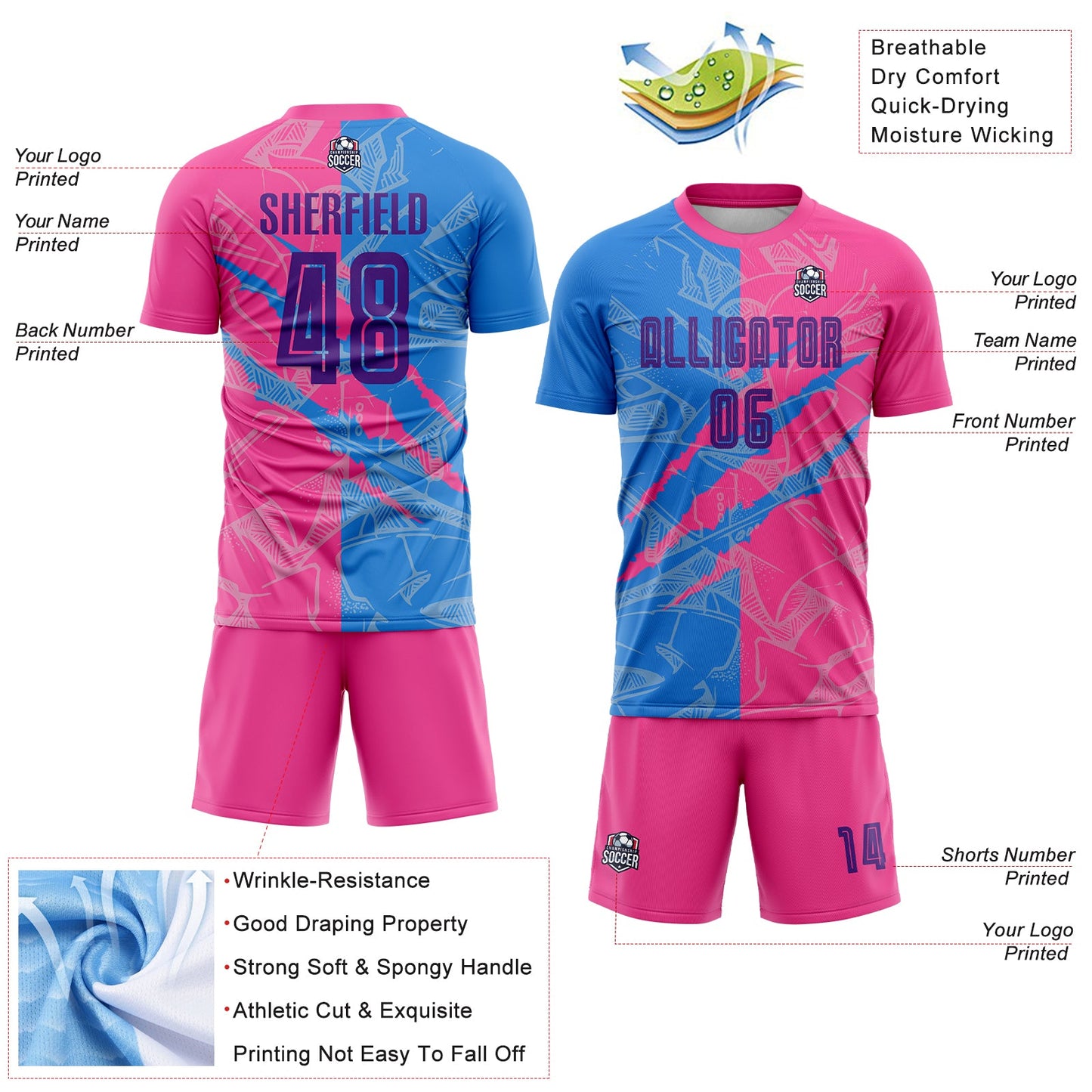 Custom Graffiti Pattern Purple Powder Blue-Pink Scratch Sublimation Soccer Uniform Jersey view 4