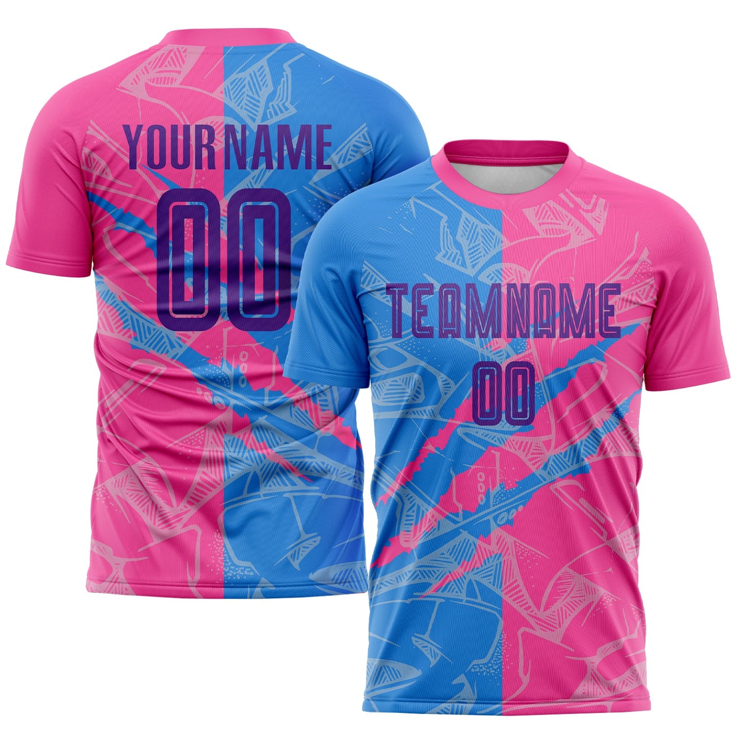 Custom Graffiti Pattern Purple Powder Blue-Pink Scratch Sublimation Soccer Uniform Jersey - Main View