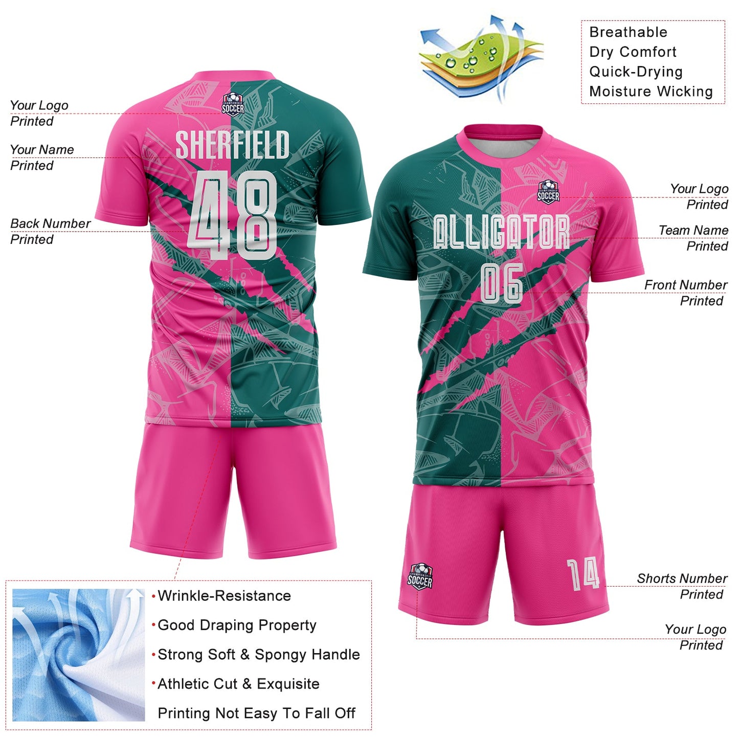 Custom Graffiti Pattern Teal-Pink Scratch Sublimation Soccer Uniform Jersey view 4