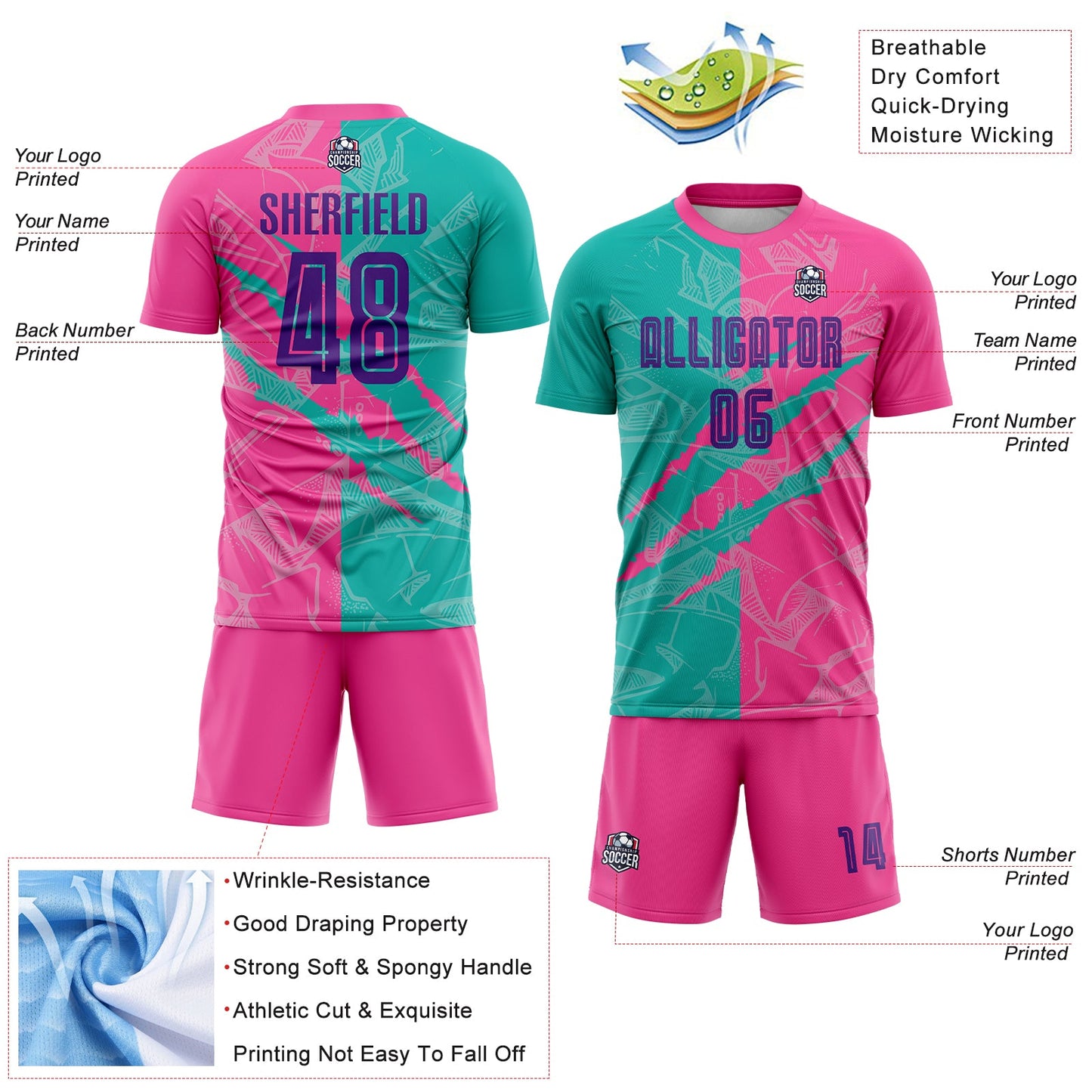 Custom Graffiti Pattern Purple Teal-Pink Scratch Sublimation Soccer Uniform Jersey view 4