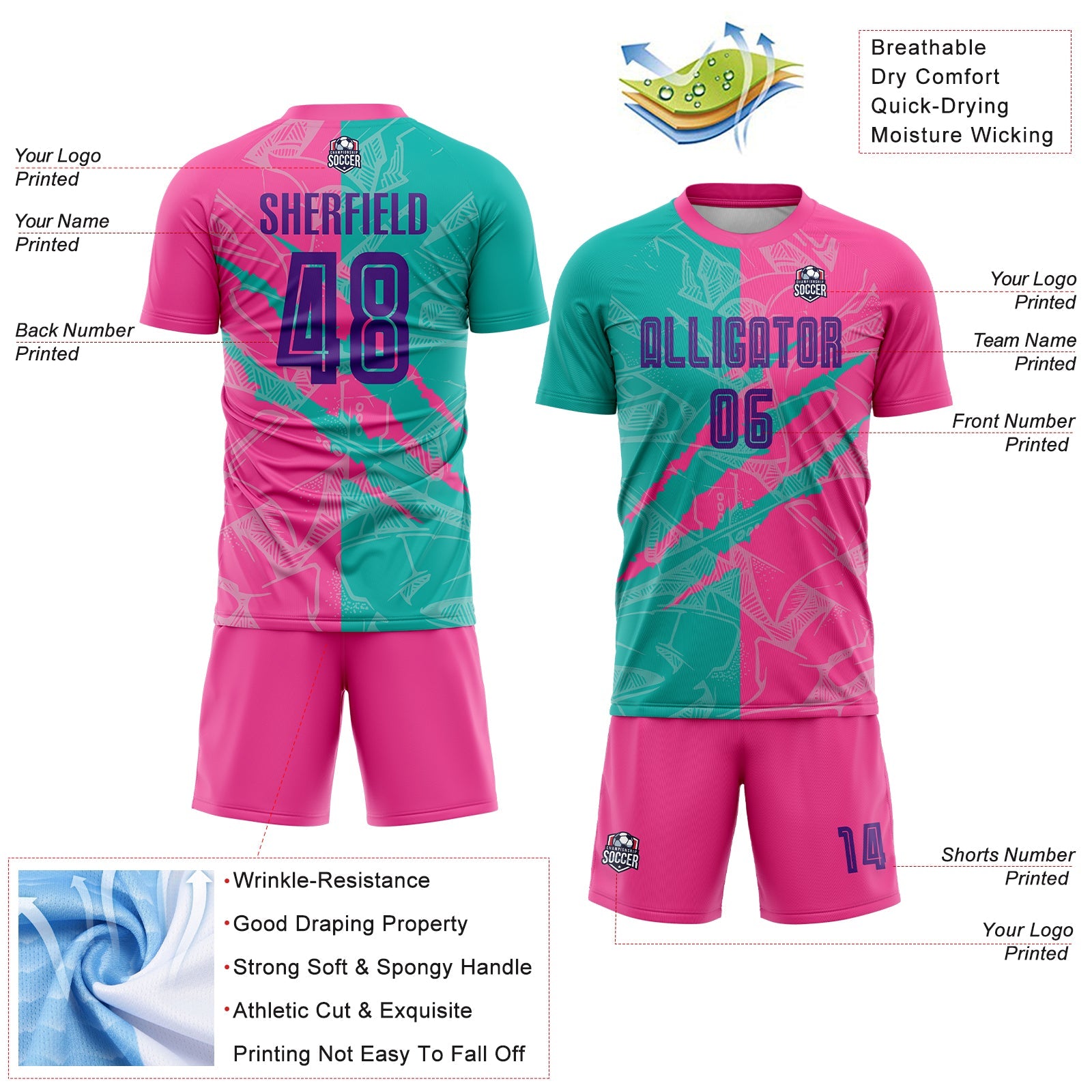 Custom Graffiti Pattern Purple Teal-Pink Scratch Sublimation Soccer Uniform Jersey view 4