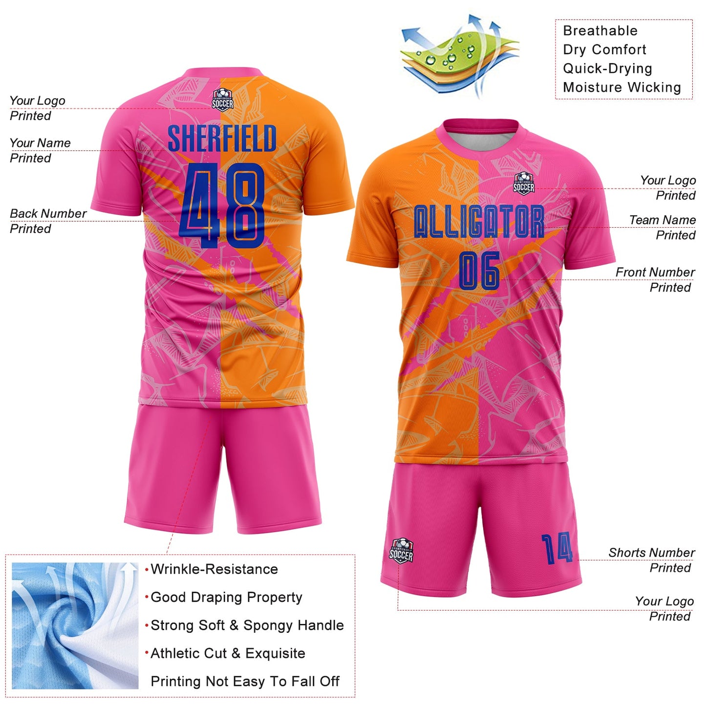 Custom Graffiti Pattern Royal Bay Orange-Pink Scratch Sublimation Soccer Uniform Jersey view 4