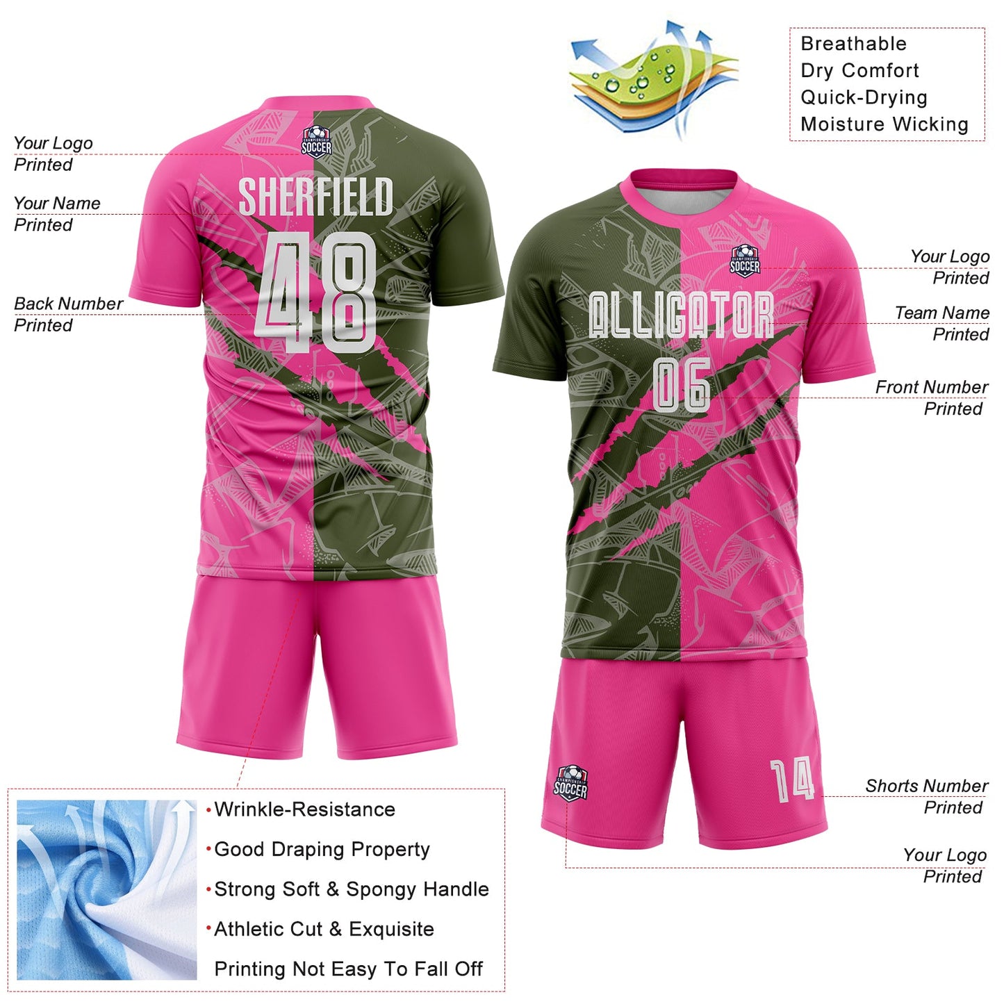 Custom Graffiti Pattern Olive-Pink Scratch Sublimation Soccer Uniform Jersey view 4