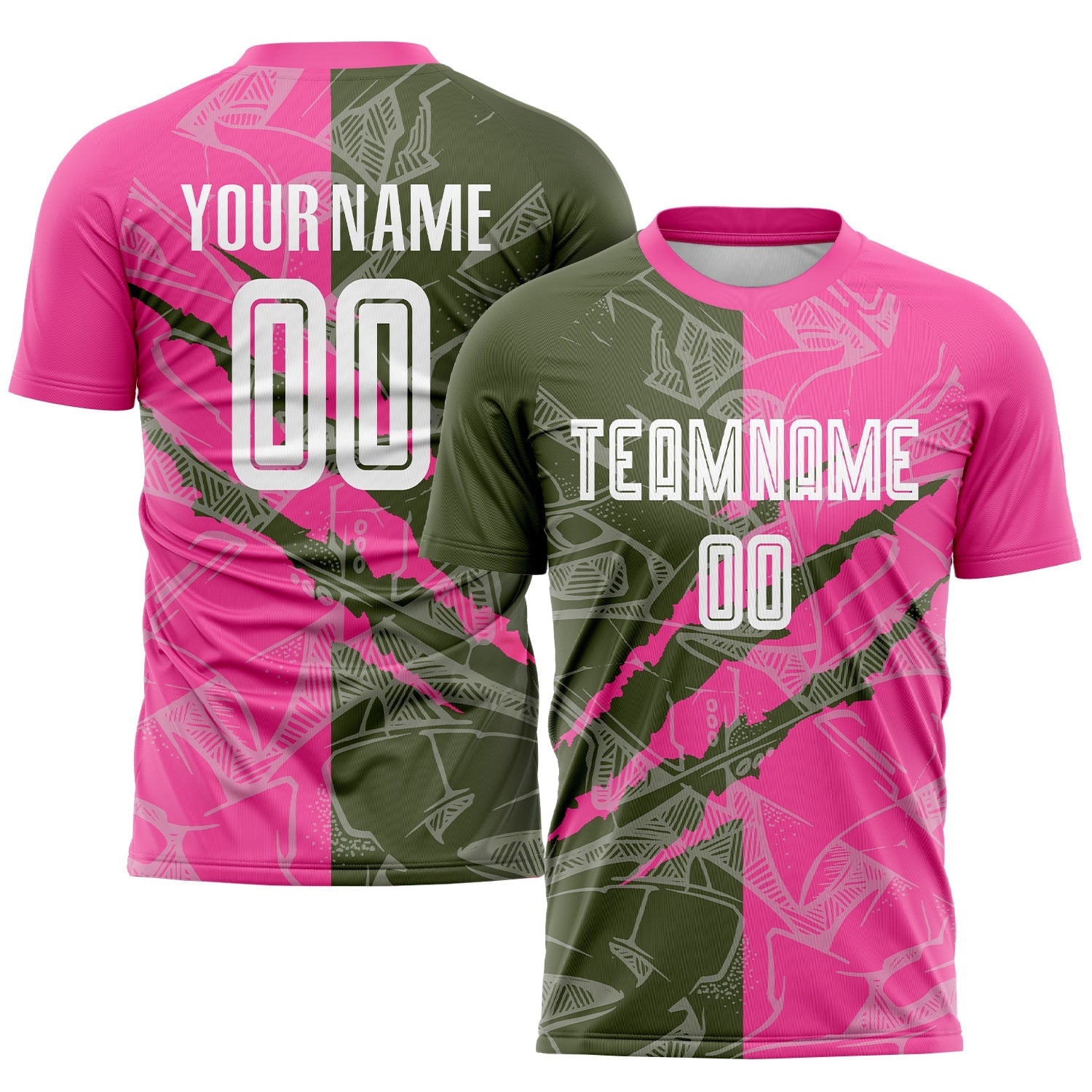 Custom Graffiti Pattern Olive-Pink Scratch Sublimation Soccer Uniform Jersey - Main View
