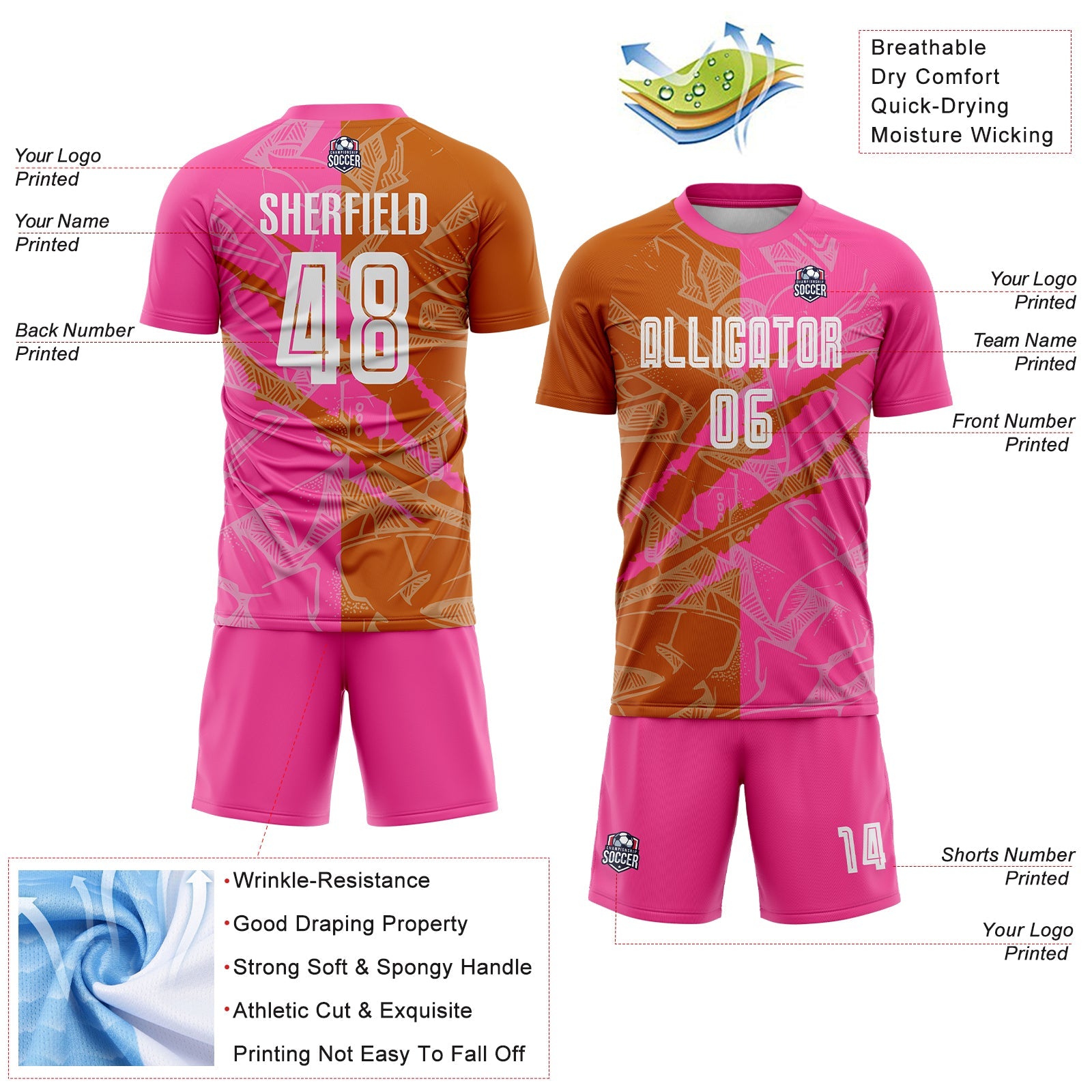 Custom Graffiti Pattern Texas Orange-Pink Scratch Sublimation Soccer Uniform Jersey view 4