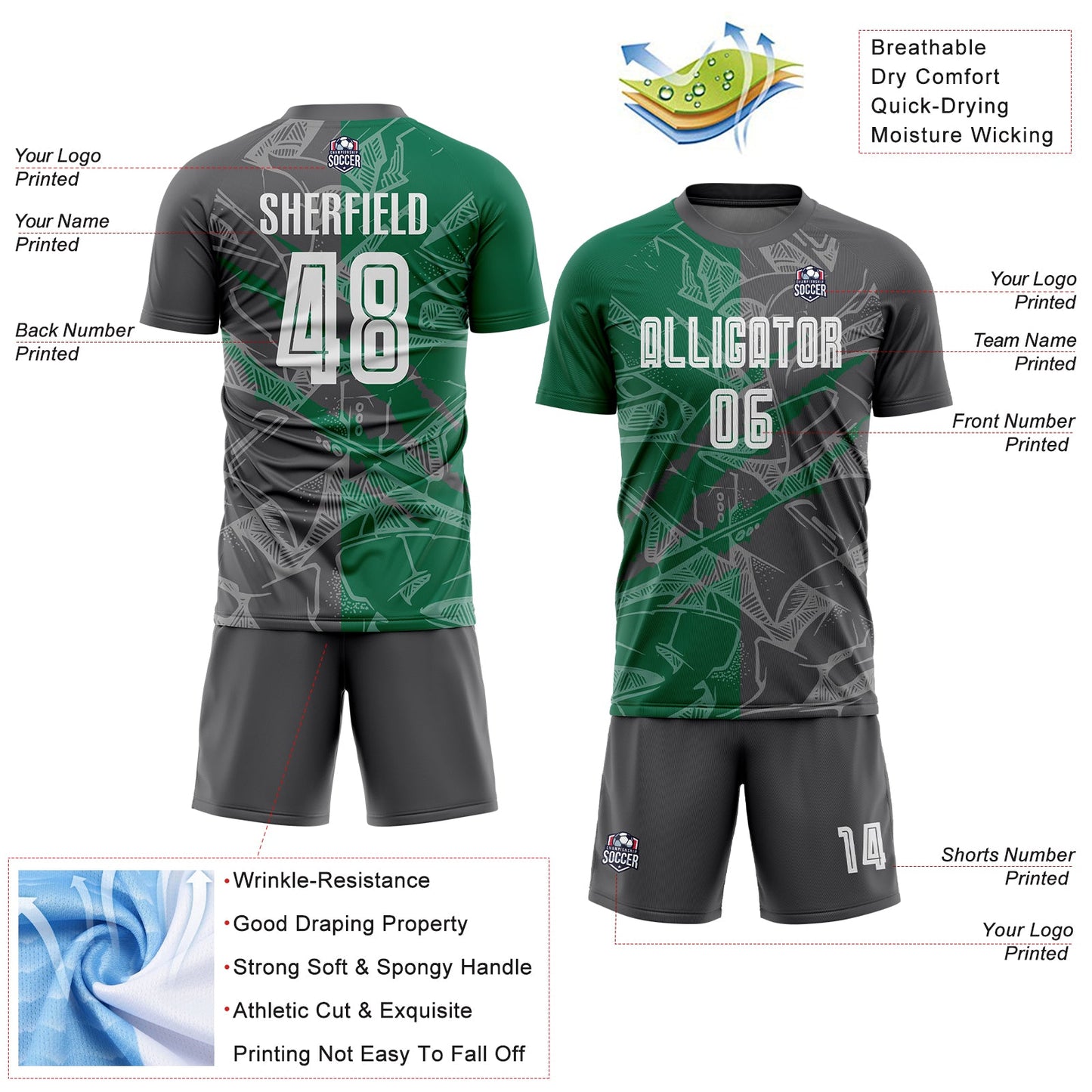 Custom Graffiti Pattern Kelly Green-Steel Gray Scratch Sublimation Soccer Uniform Jersey view 4