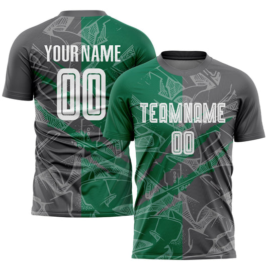Custom Graffiti Pattern Kelly Green-Steel Gray Scratch Sublimation Soccer Uniform Jersey - Main View