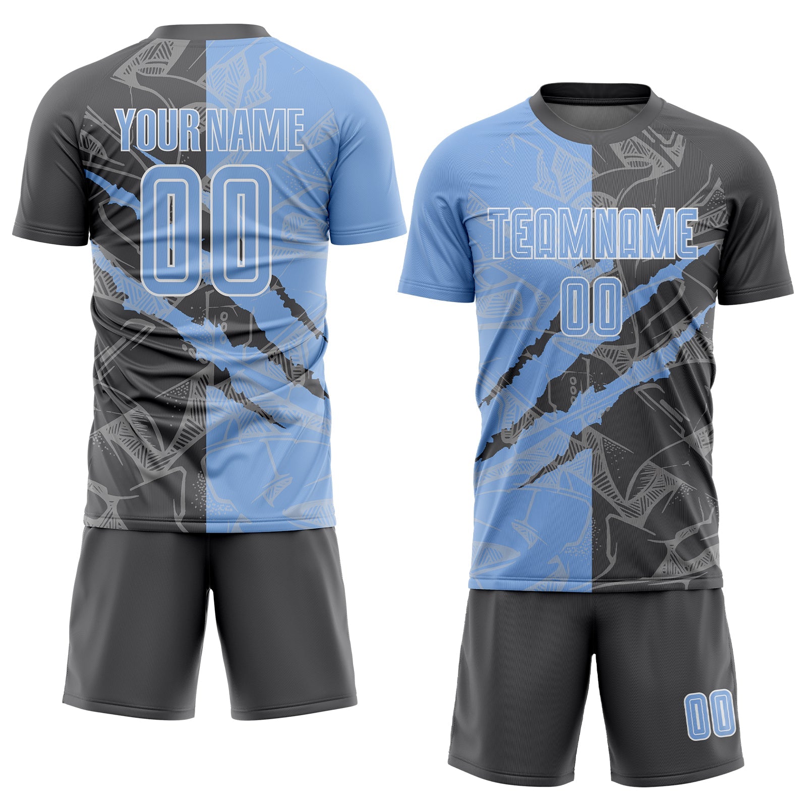 Custom Graffiti Pattern Light Blue-Steel Gray Scratch Sublimation Soccer Uniform Jersey view 2
