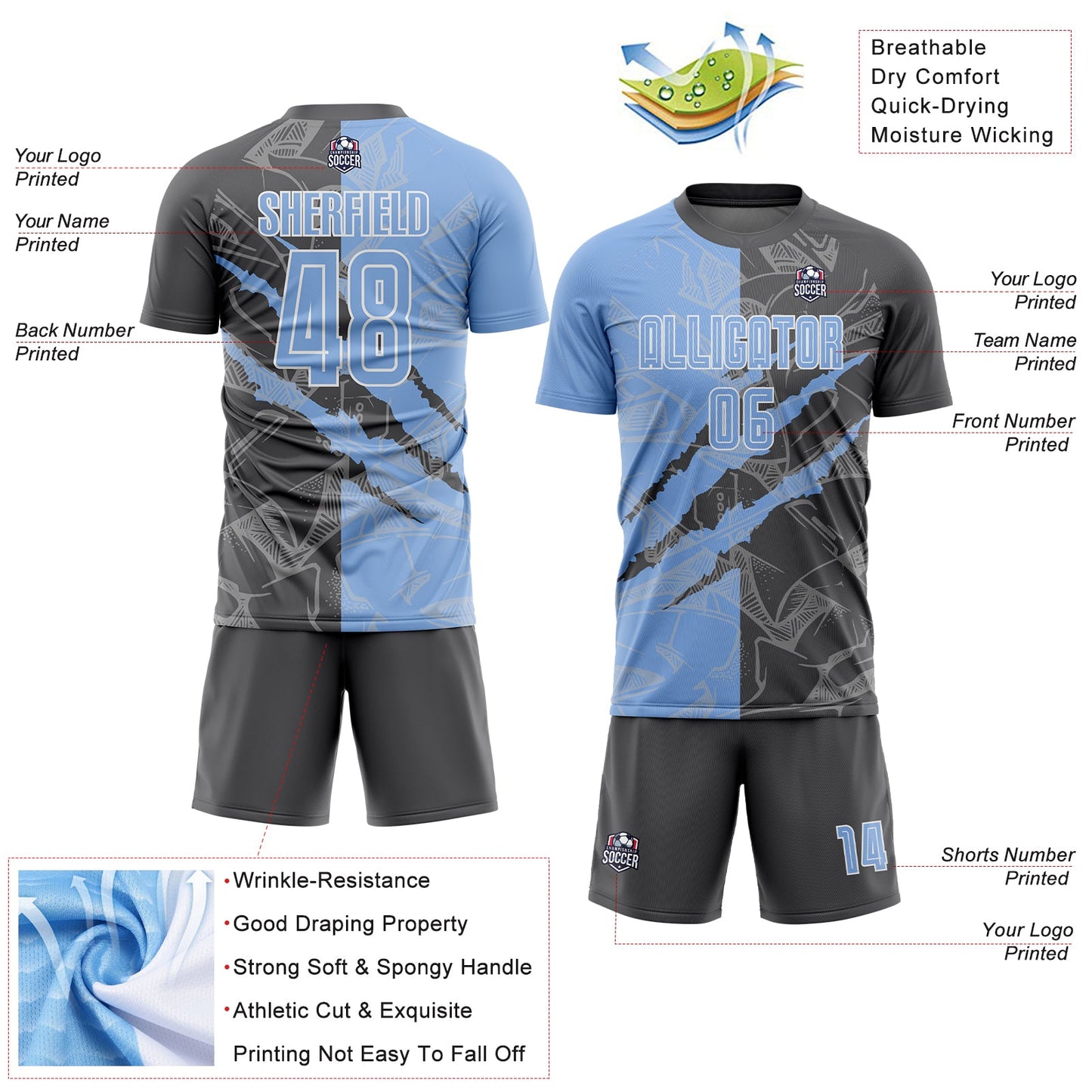 Custom Graffiti Pattern Light Blue-Steel Gray Scratch Sublimation Soccer Uniform Jersey view 4
