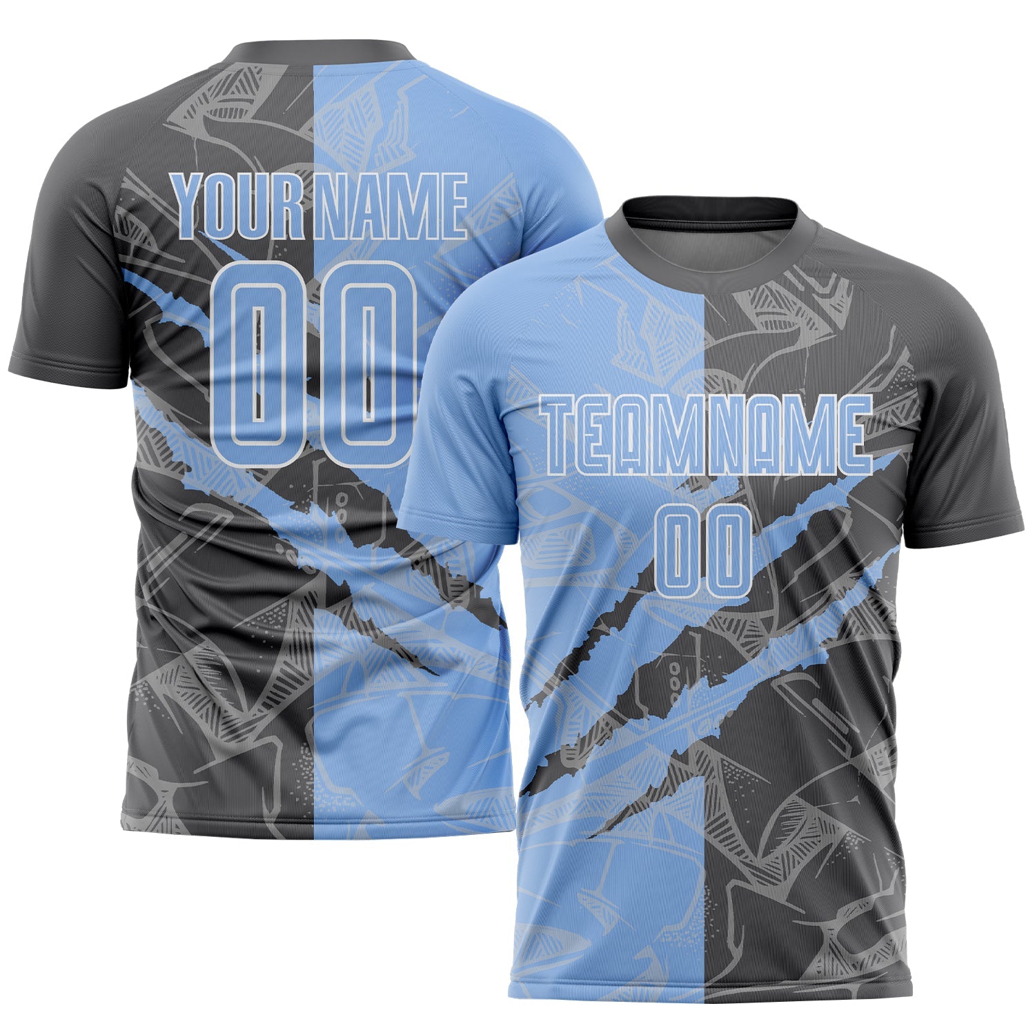 Custom Graffiti Pattern Light Blue-Steel Gray Scratch Sublimation Soccer Uniform Jersey - Main View