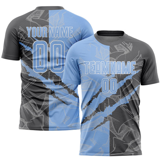 Custom Graffiti Pattern Light Blue-Steel Gray Scratch Sublimation Soccer Uniform Jersey - Main View