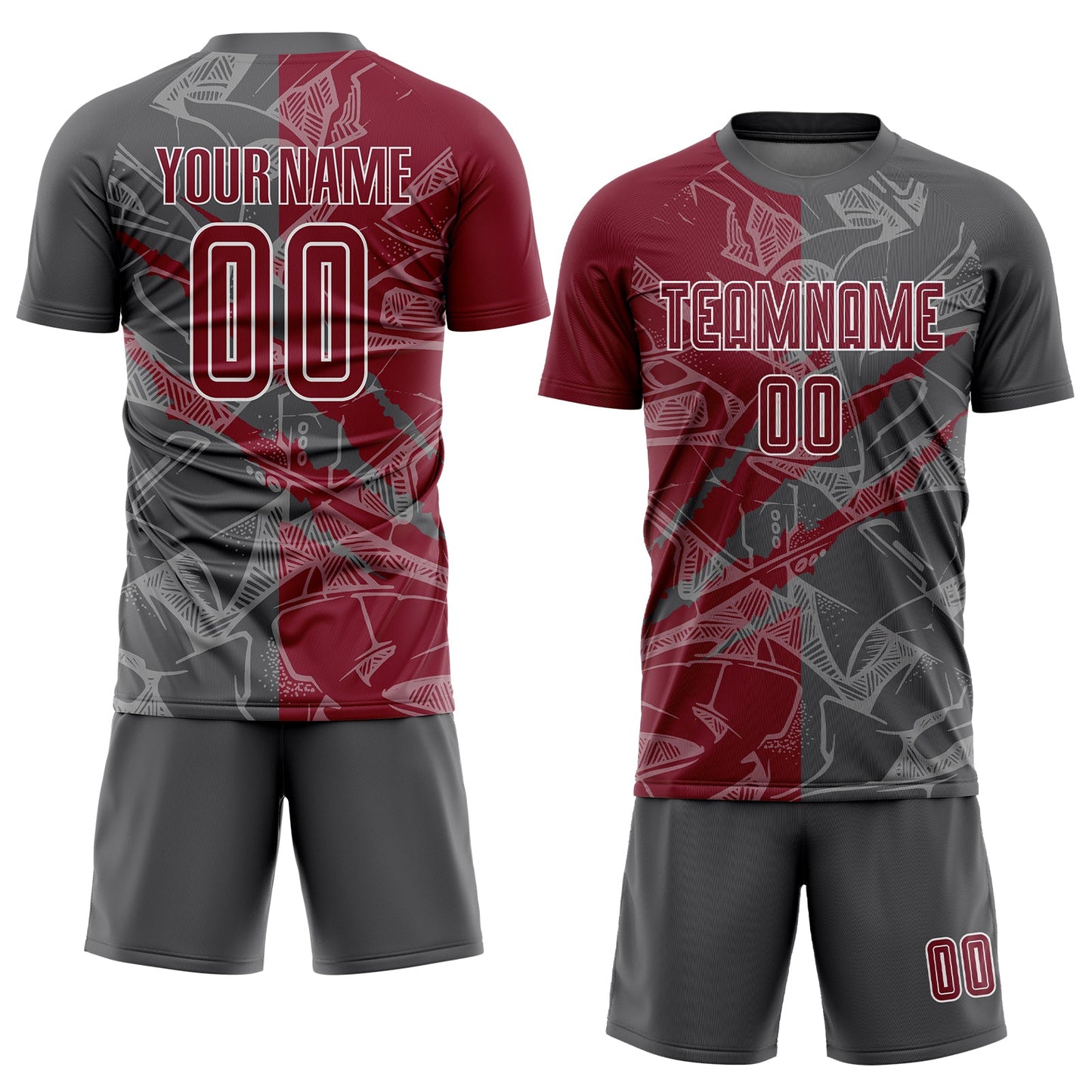 Custom Graffiti Pattern Crimson-Steel Gray Scratch Sublimation Soccer Uniform Jersey view 2