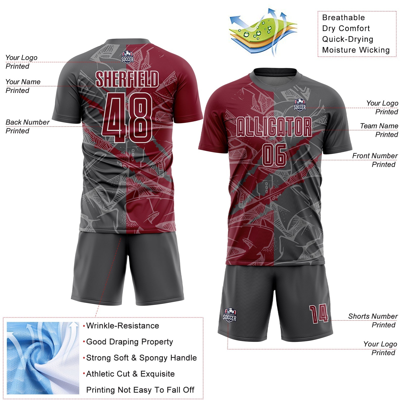 Custom Graffiti Pattern Crimson-Steel Gray Scratch Sublimation Soccer Uniform Jersey view 4