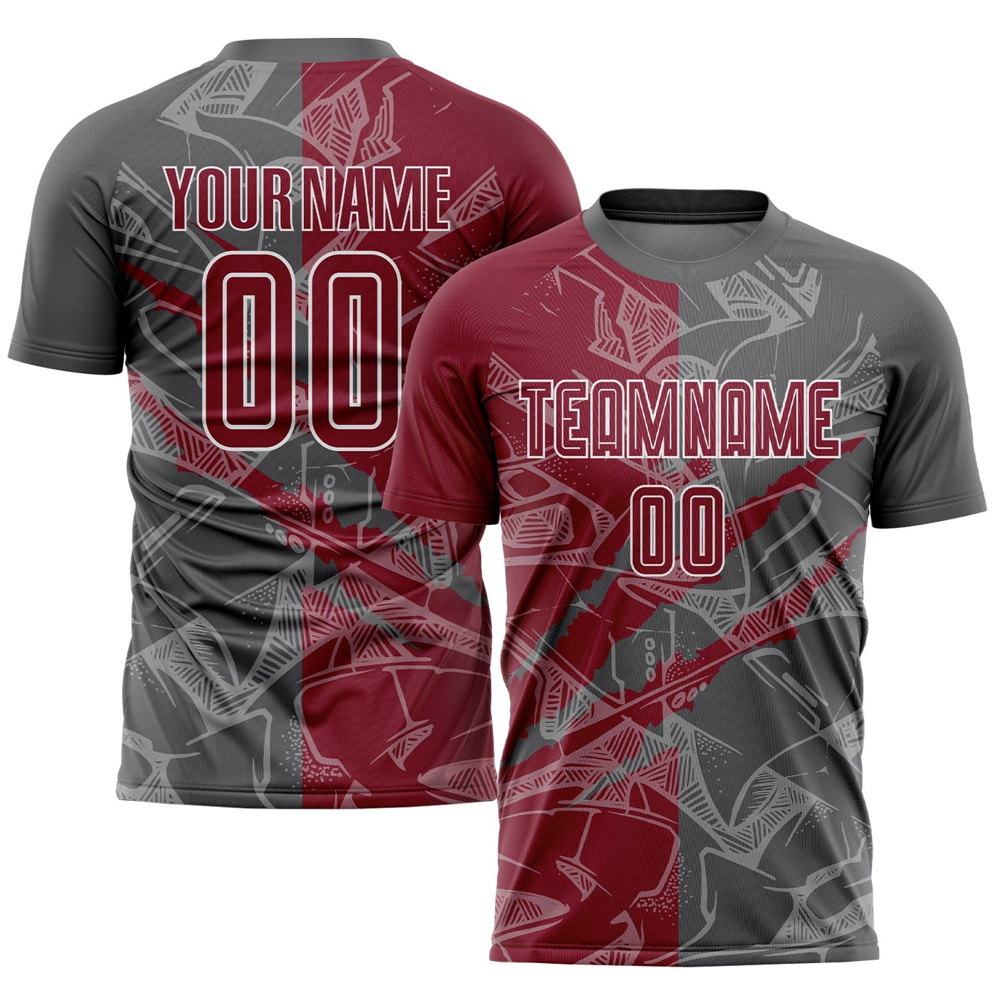 Custom Graffiti Pattern Crimson-Steel Gray Scratch Sublimation Soccer Uniform Jersey - Main View