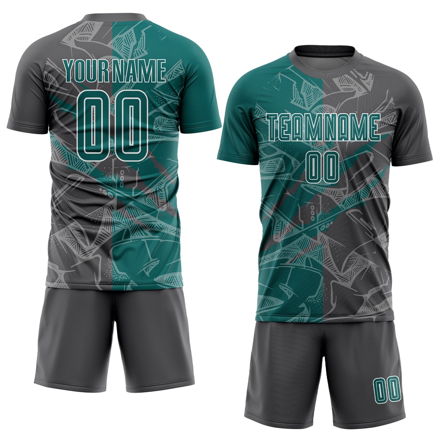 Custom Graffiti Pattern Teal-Steel Gray Scratch Sublimation Soccer Uniform Jersey view 2