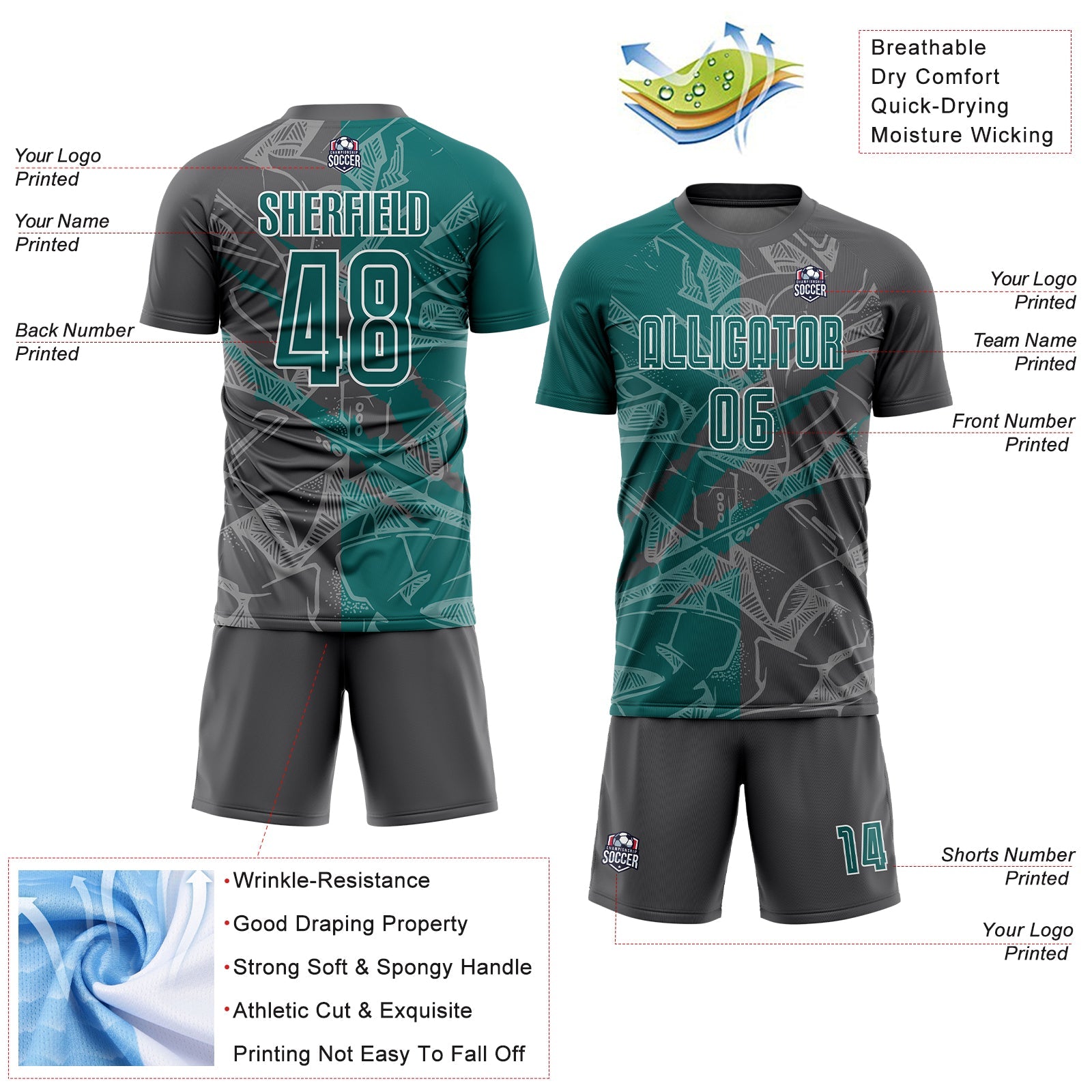 Custom Graffiti Pattern Teal-Steel Gray Scratch Sublimation Soccer Uniform Jersey view 4