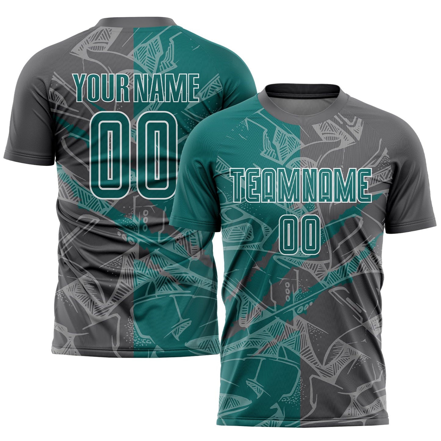 Custom Graffiti Pattern Teal-Steel Gray Scratch Sublimation Soccer Uniform Jersey - Main View