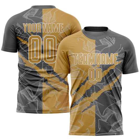 Custom Graffiti Pattern Old Gold-Steel Gray Scratch Sublimation Soccer Uniform Jersey - Main View