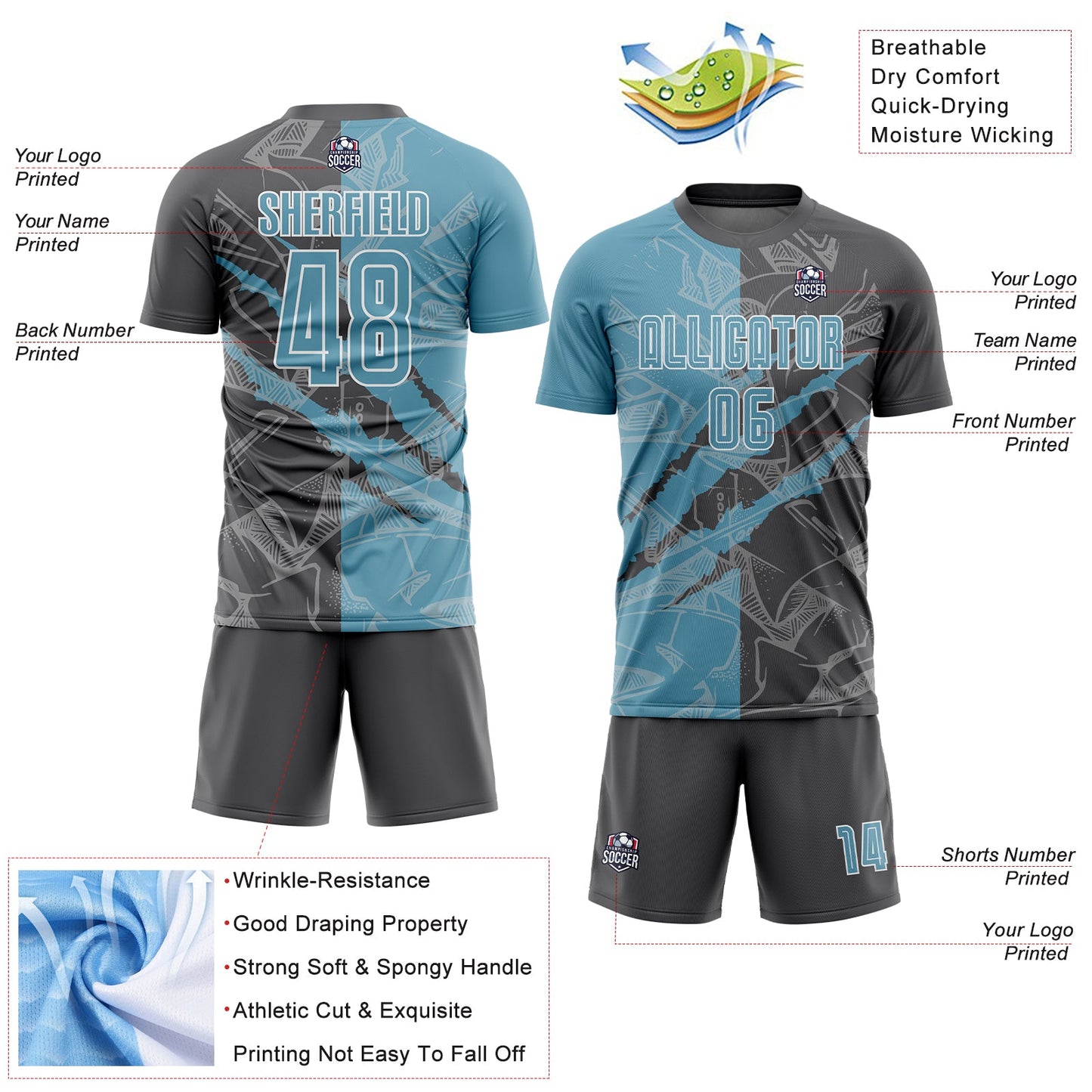 Custom Graffiti Pattern Shadow Blue-Steel Gray Scratch Sublimation Soccer Uniform Jersey view 4