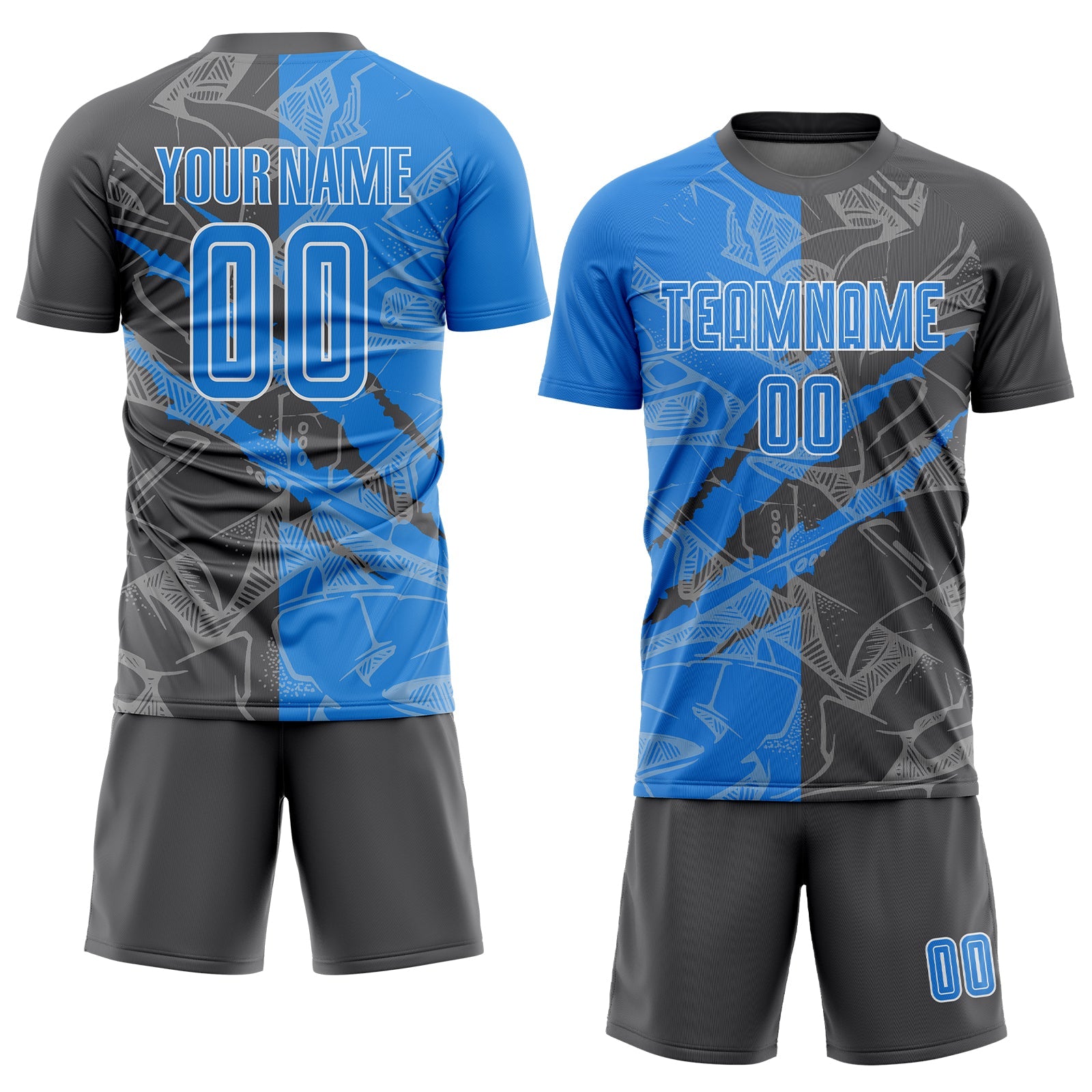 Custom Graffiti Pattern Powder Blue-Steel Gray Scratch Sublimation Soccer Uniform Jersey view 2
