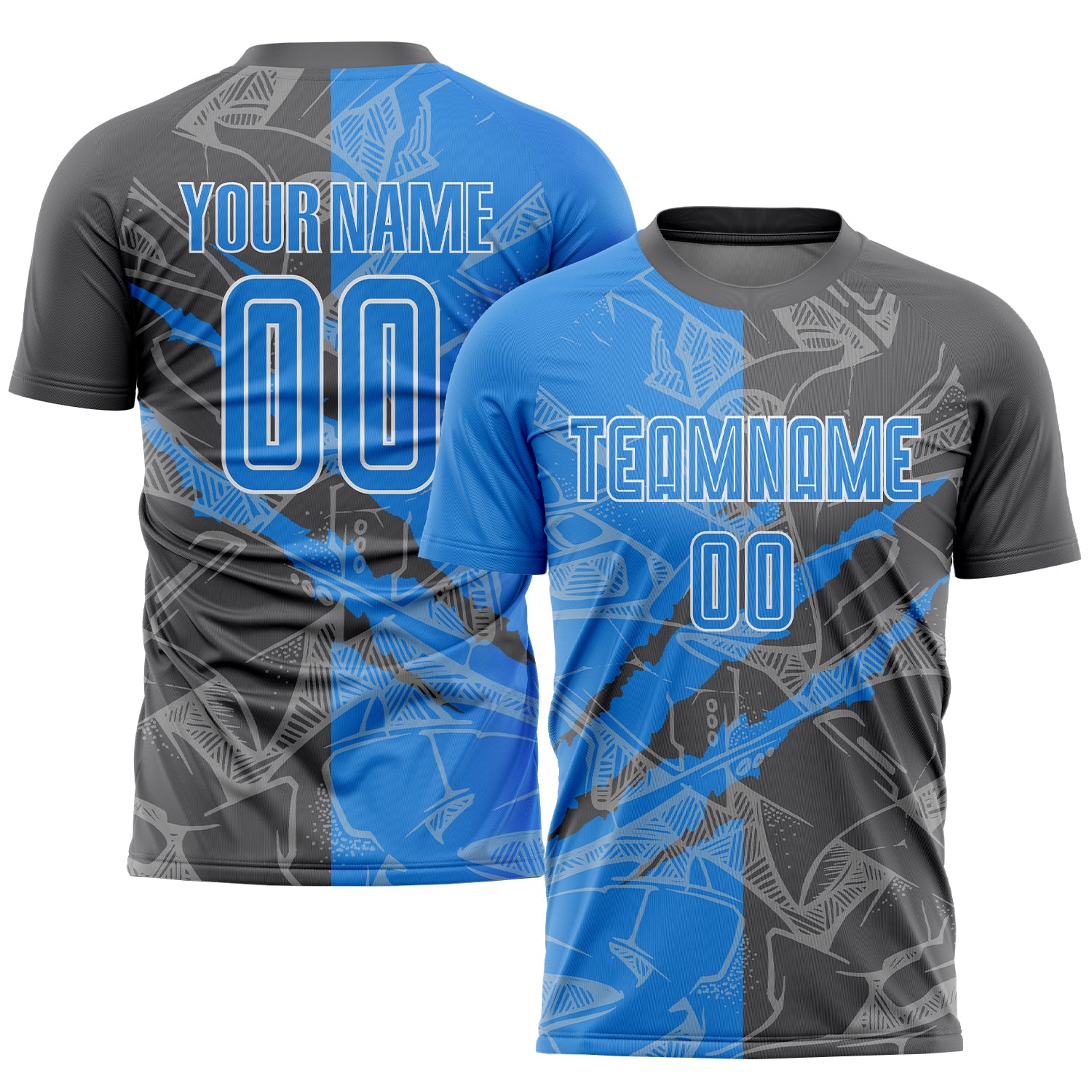 Custom Graffiti Pattern Powder Blue-Steel Gray Scratch Sublimation Soccer Uniform Jersey - Main View
