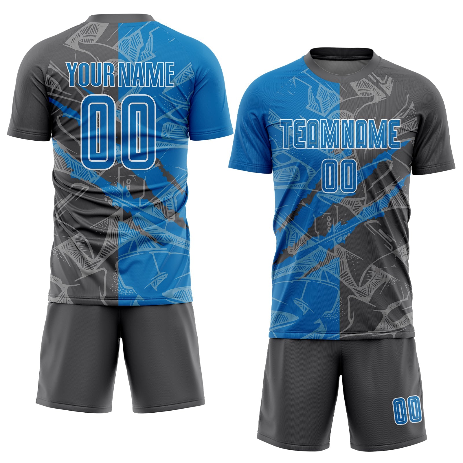 Custom Graffiti Pattern Blue-Steel Gray Scratch Sublimation Soccer Uniform Jersey view 2