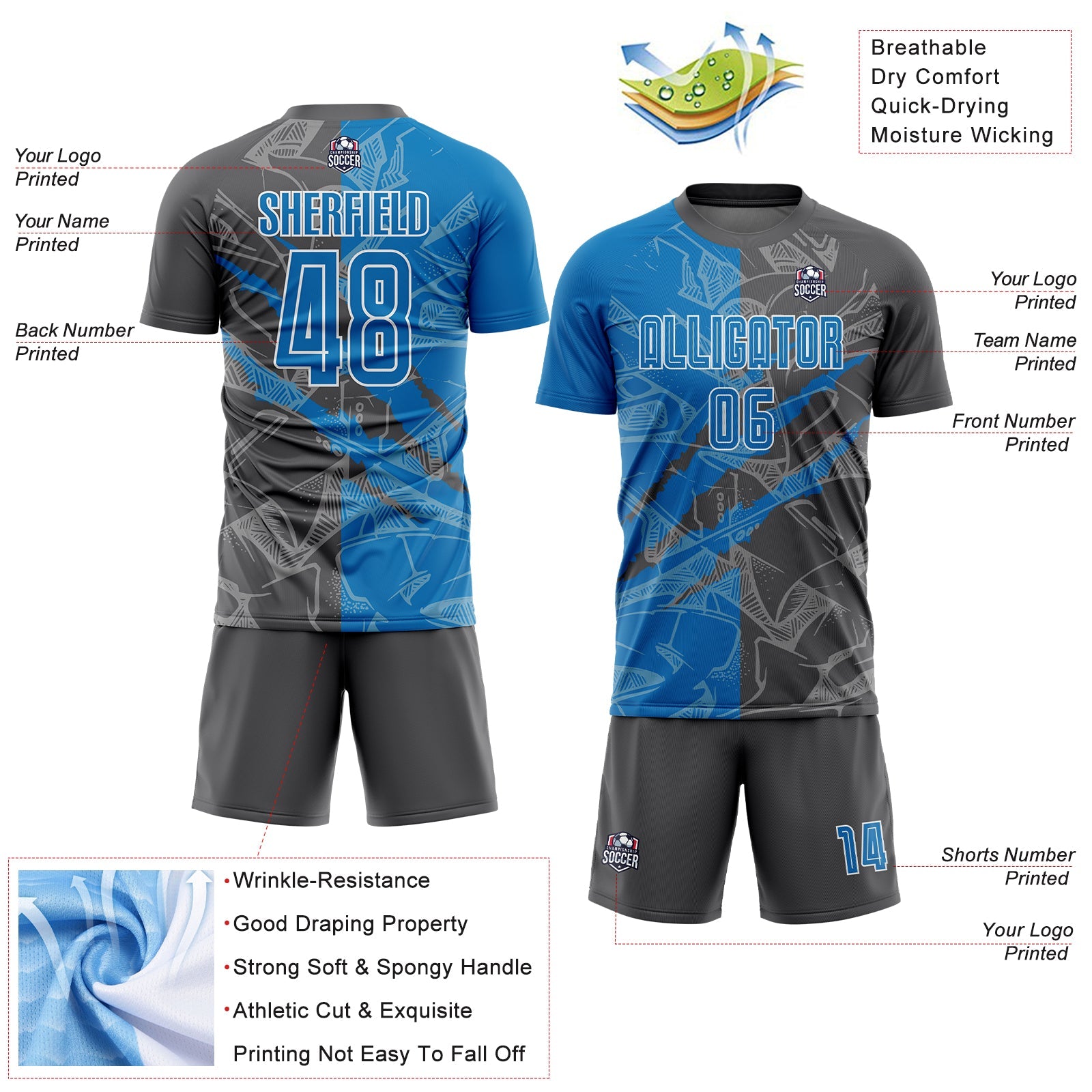 Custom Graffiti Pattern Blue-Steel Gray Scratch Sublimation Soccer Uniform Jersey view 4