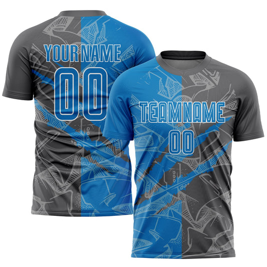 Custom Graffiti Pattern Blue-Steel Gray Scratch Sublimation Soccer Uniform Jersey - Main View