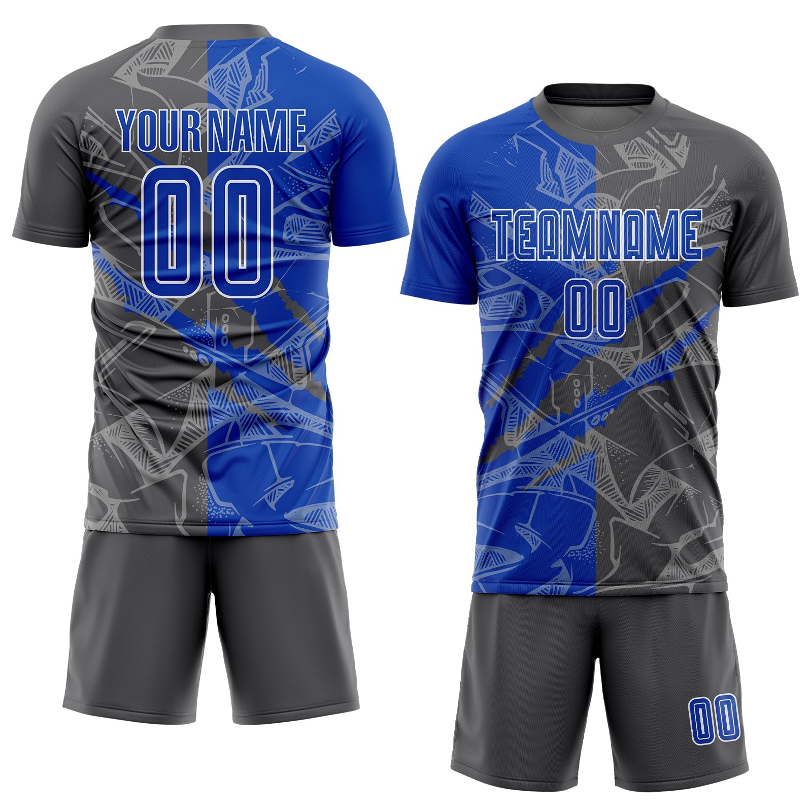 Custom Graffiti Pattern Thunder Blue-Steel Gray Scratch Sublimation Soccer Uniform Jersey view 2