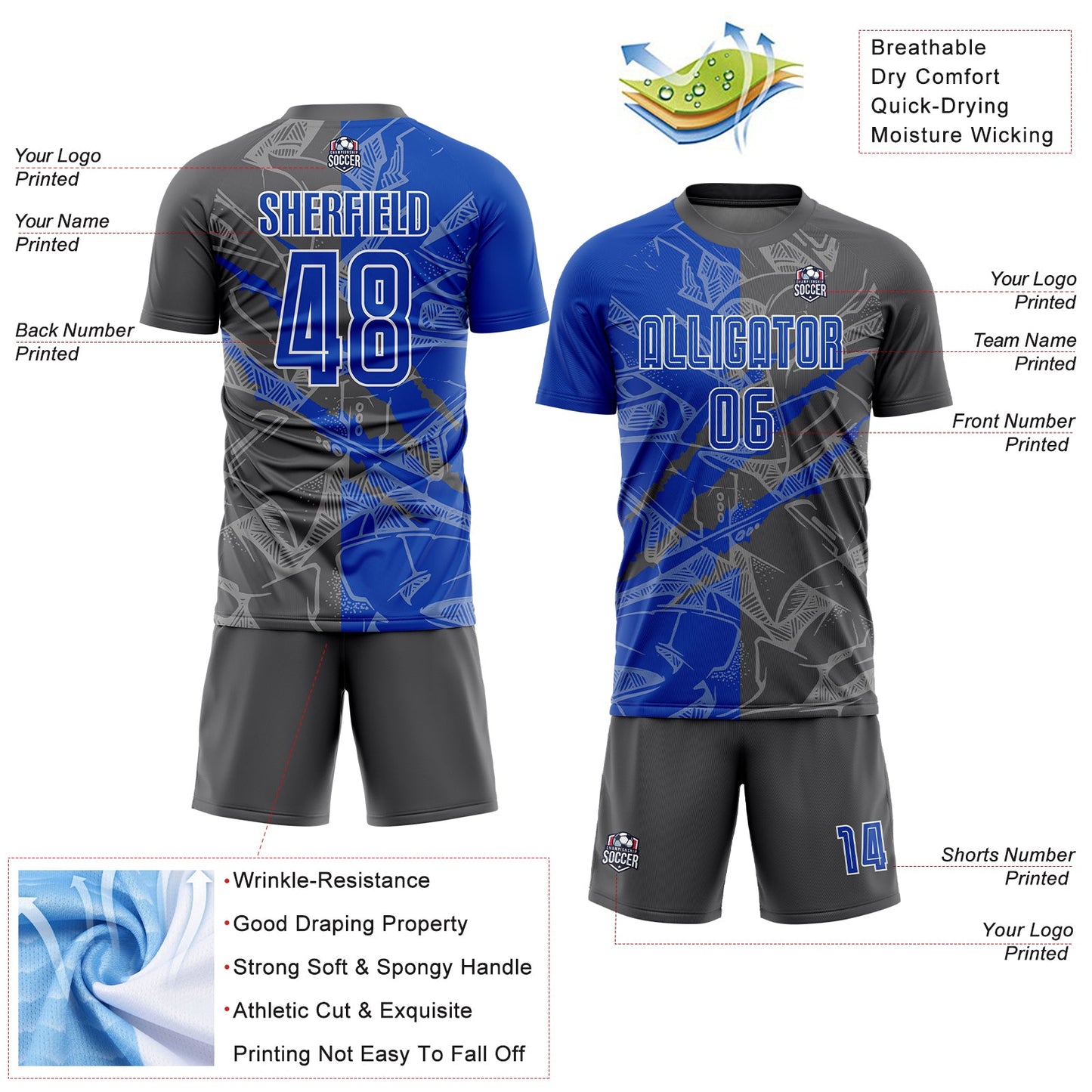 Custom Graffiti Pattern Thunder Blue-Steel Gray Scratch Sublimation Soccer Uniform Jersey view 4