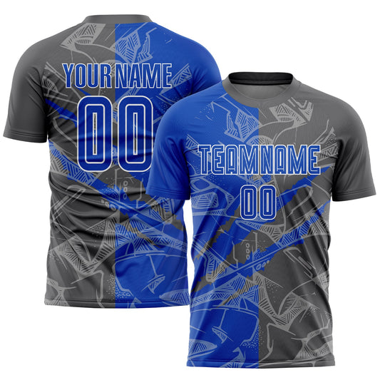 Custom Graffiti Pattern Thunder Blue-Steel Gray Scratch Sublimation Soccer Uniform Jersey - Main View