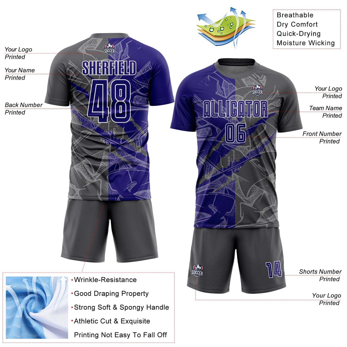 Custom Graffiti Pattern Dark Purple-Steel Gray Scratch Sublimation Soccer Uniform Jersey view 4