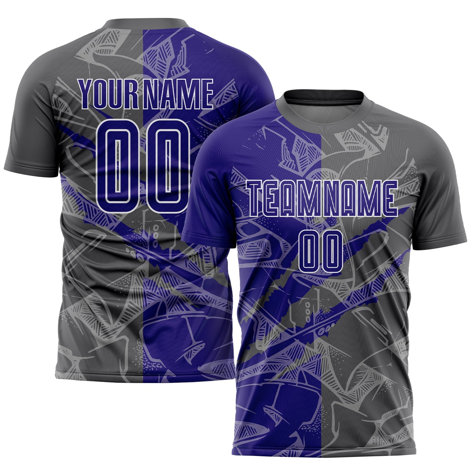 Custom Graffiti Pattern Dark Purple-Steel Gray Scratch Sublimation Soccer Uniform Jersey - Main View