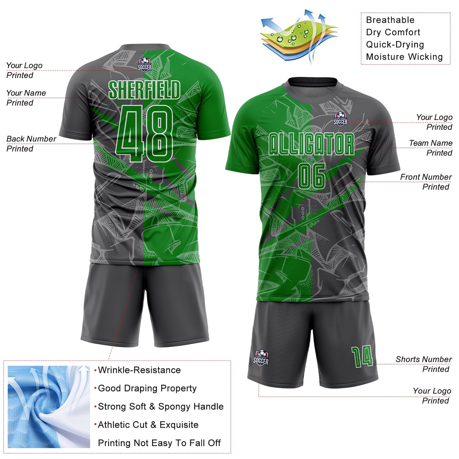 Custom Graffiti Pattern Grass Green-Steel Gray Scratch Sublimation Soccer Uniform Jersey view 4