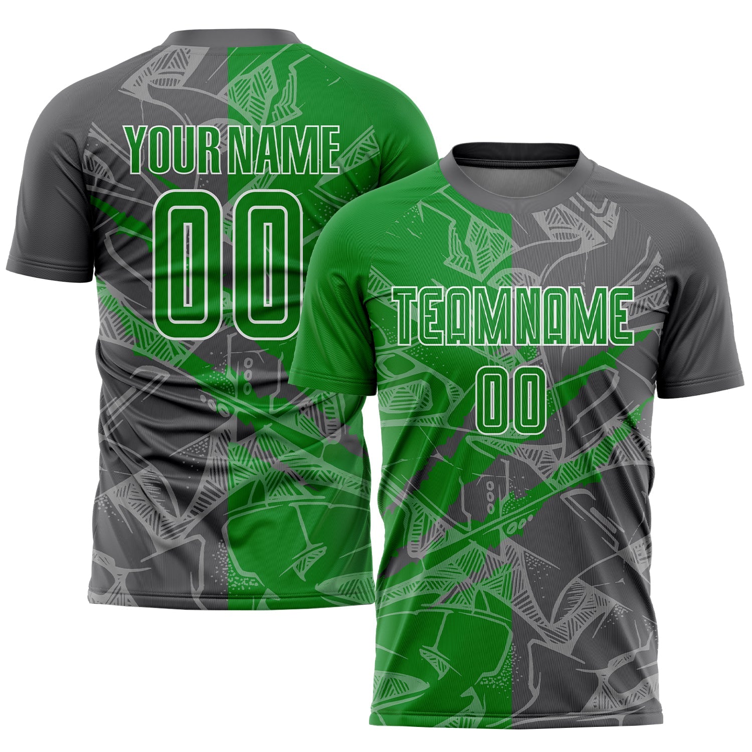 Custom Graffiti Pattern Grass Green-Steel Gray Scratch Sublimation Soccer Uniform Jersey - Main View
