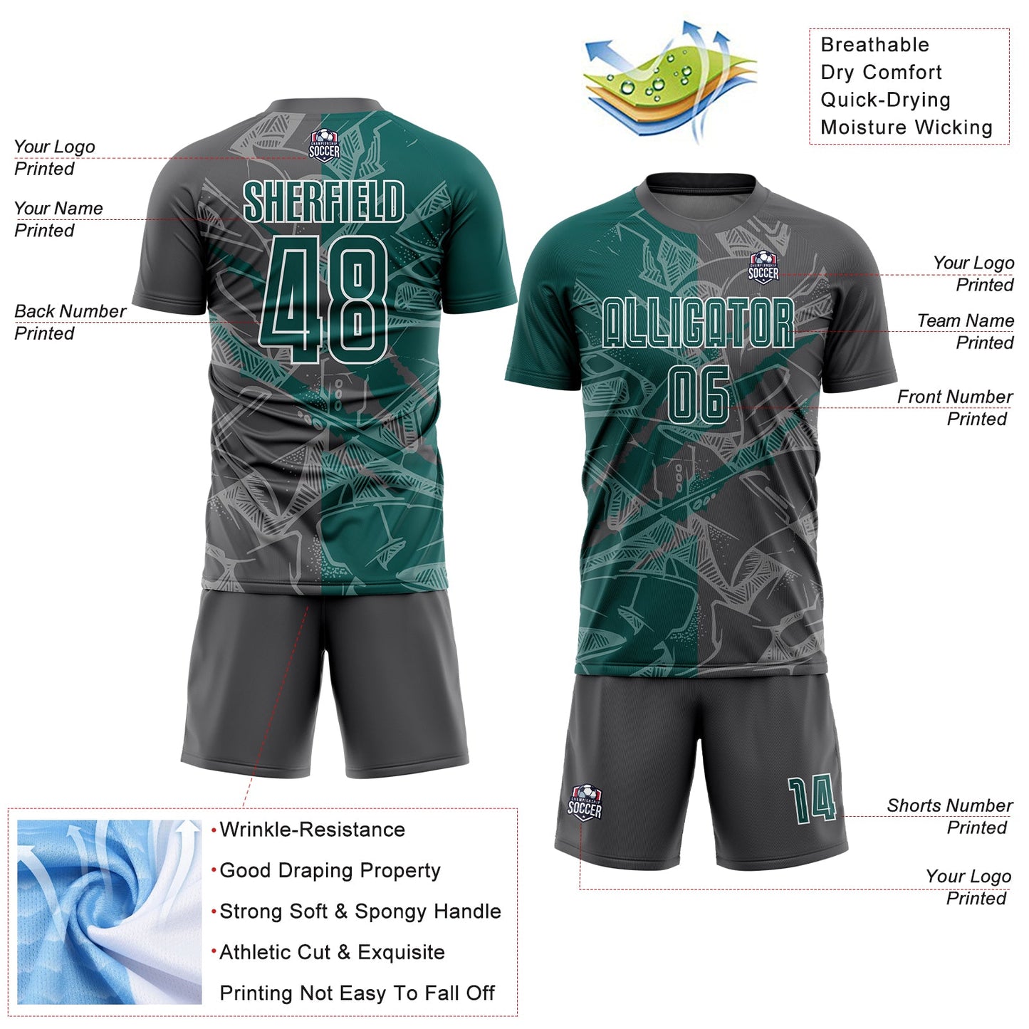 Custom Graffiti Pattern Midnight Green-Steel Gray Scratch Sublimation Soccer Uniform Jersey view 4